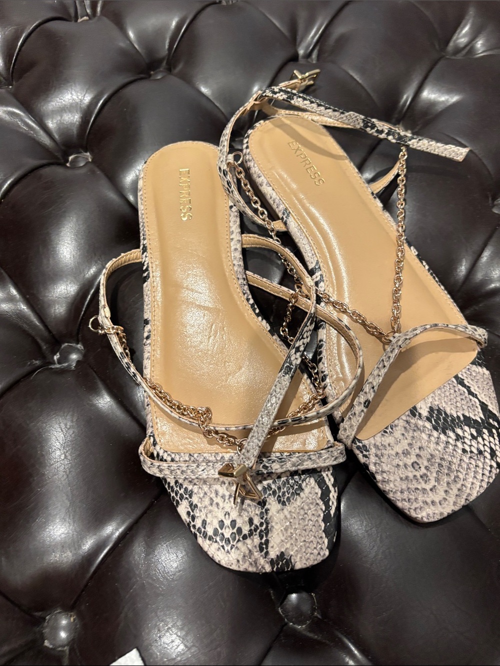 Express Snakeskin Strappy Sandals with Gold Chain Accents - Beige Black